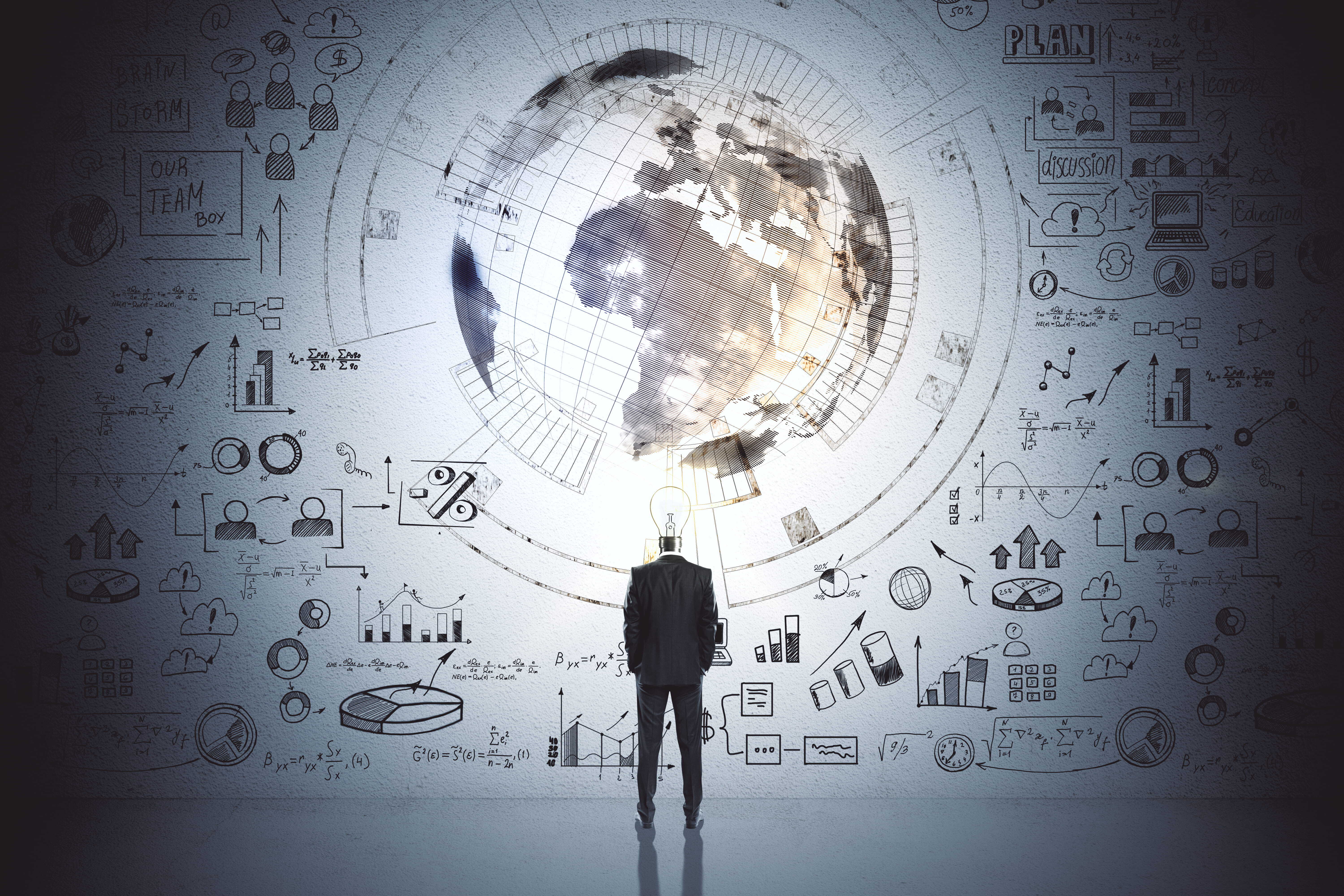 A strategic thinker confronts a wall of interconnected global data and analysis, illustrating the breadth and complexity of global strategic intelligence and international decision-making.